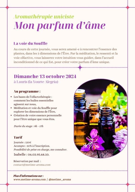 Stage Aromathérapie uniciste - Mon parfum d'ame - octobre 2024 à Lauris